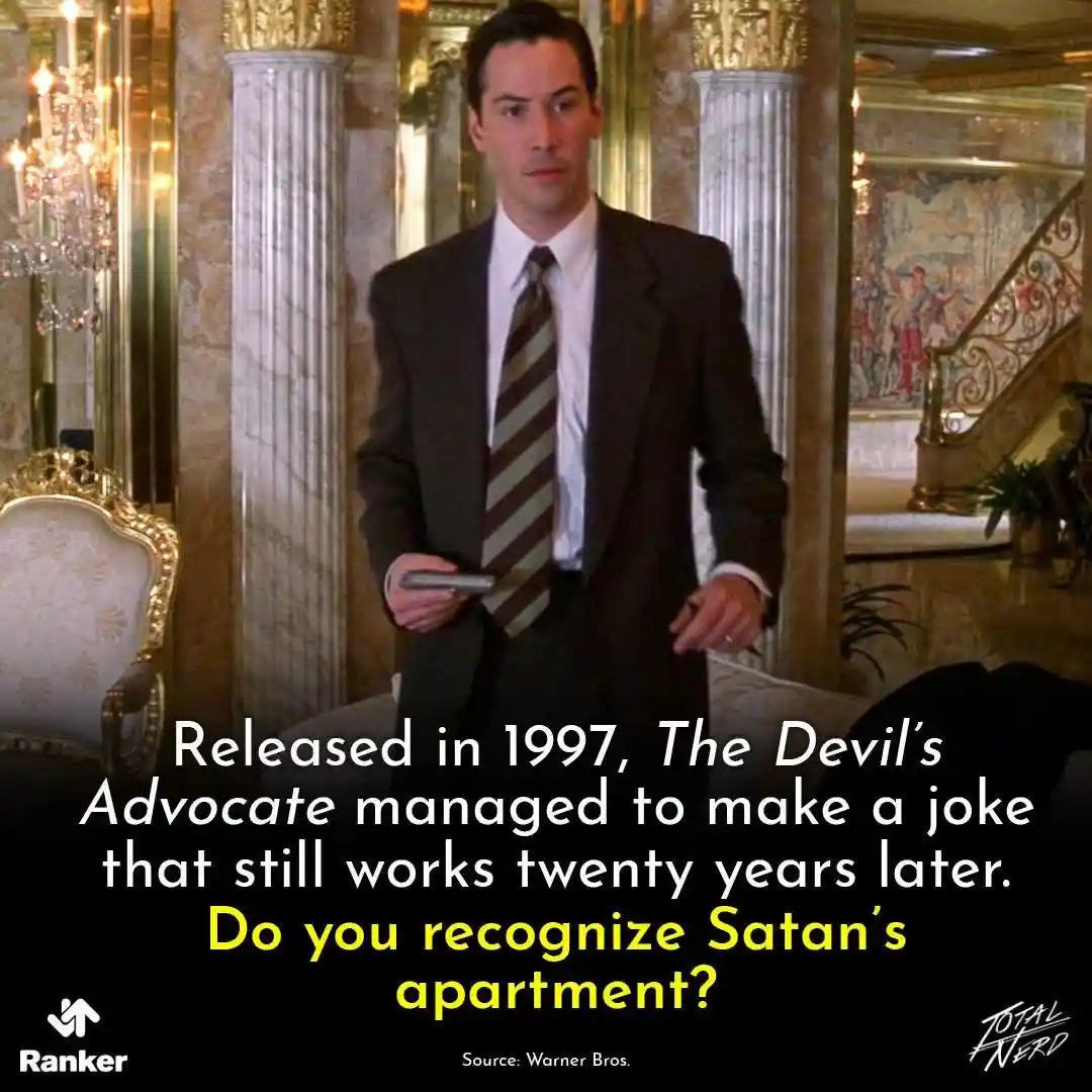 A still from the 1997 film 'The Devil's Advocate' shows actor Keanu Reeves in a dark suit standing in an opulent, gilded…