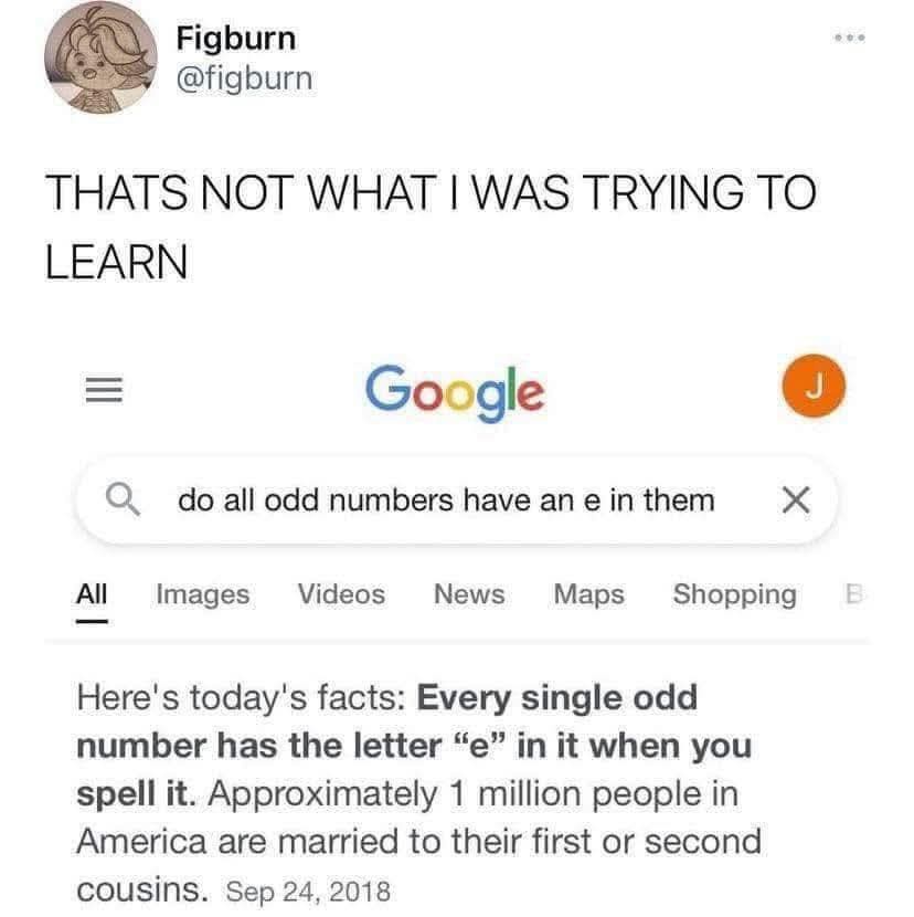 A screenshot of a Google search results page showing a query 'do all odd numbers have an e in them' with a result stating…