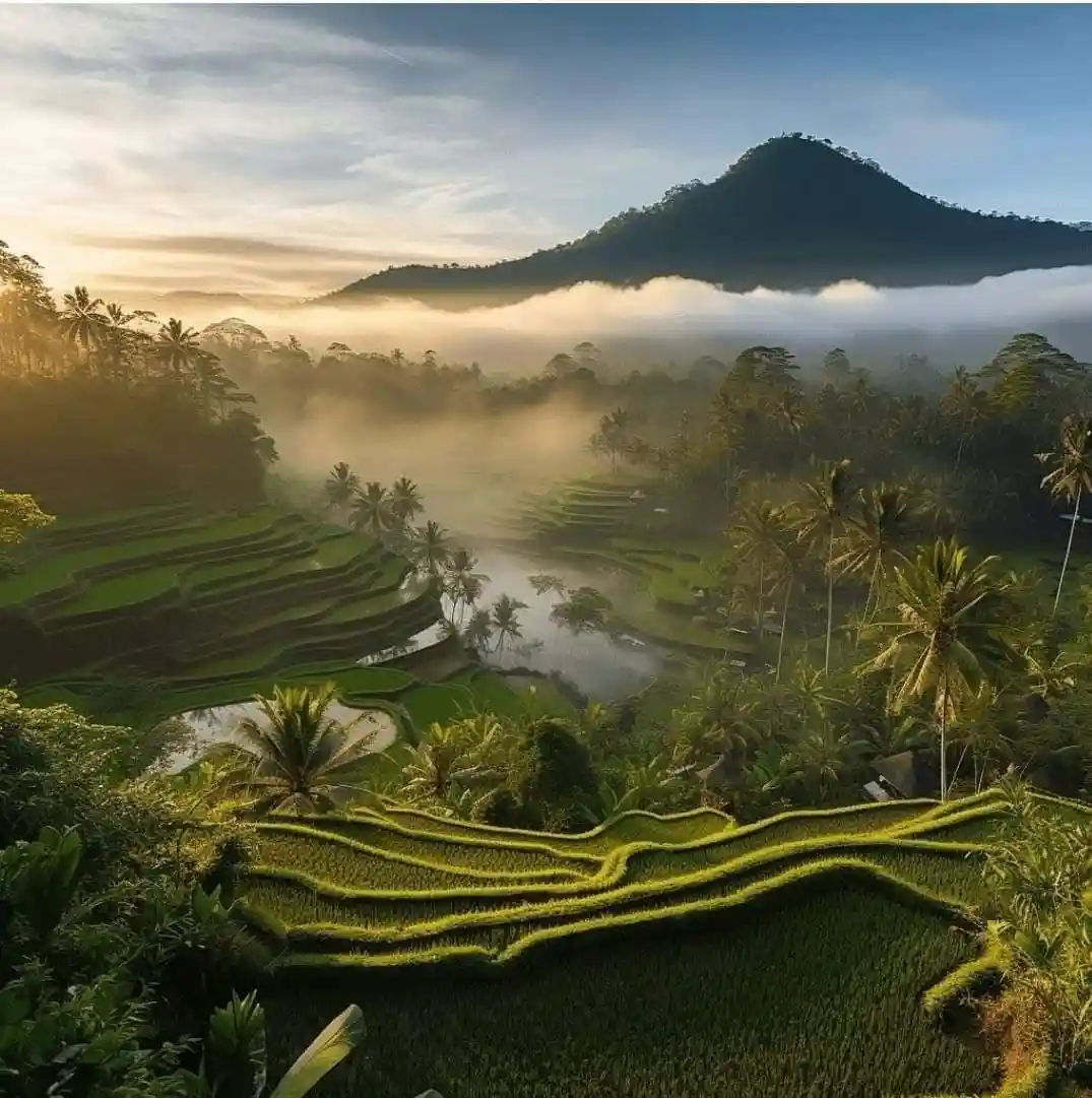 A breathtaking landscape photo of terraced rice paddies in a tropical valley, with mist rolling through the hills and palm…