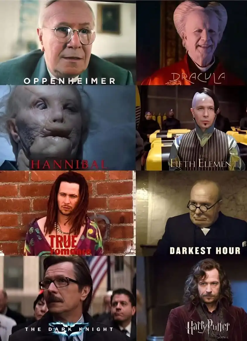 A collage of eight movie stills, each featuring a different actor in a distinct role, with the movie title overlaid in text…