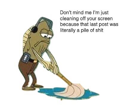 A cartoon character resembling a janitor with a mop is shown cleaning a blue puddle on a white floor. The character has a…
