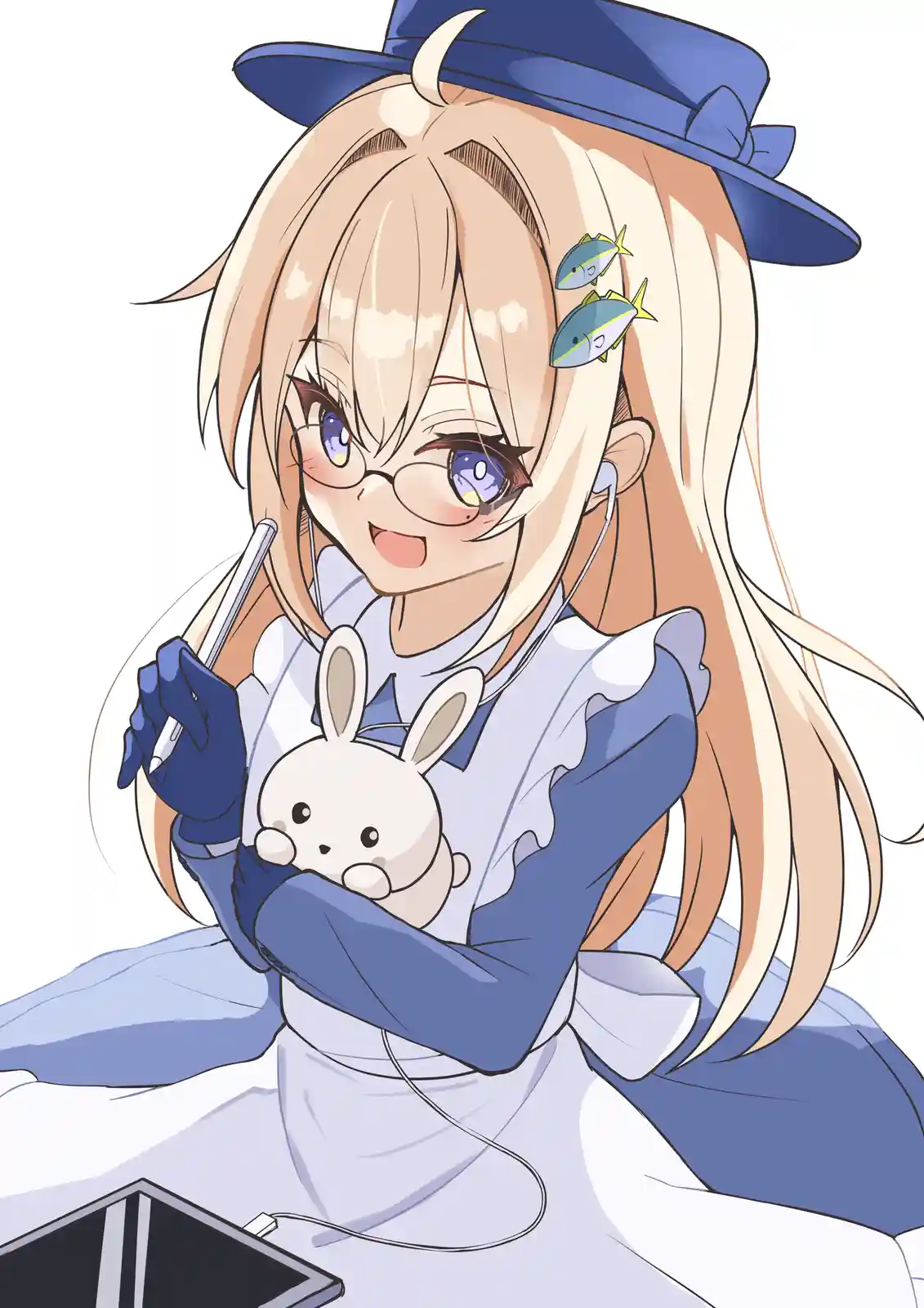 An anime girl with blonde hair, glasses, and a blue hat is smiling while holding a stylus and a white rabbit plushie, with…
