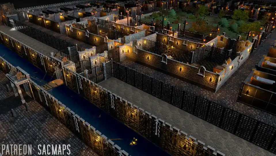 An aerial view of a meticulously constructed medieval-style fortress or town in a blocky video game, featuring stone walls…