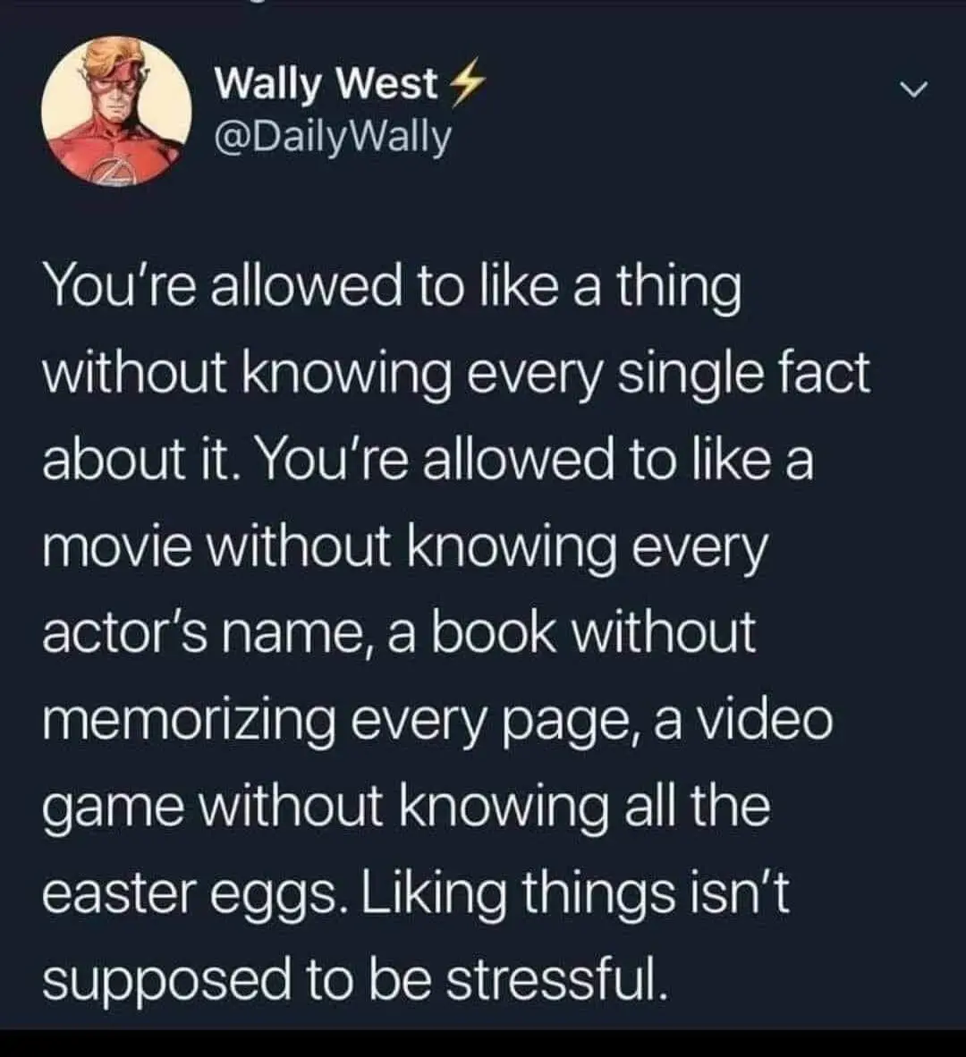 A screenshot of a tweet from the account 'Wally West @DailyWally', featuring a cartoon image of the superhero Wally West in…