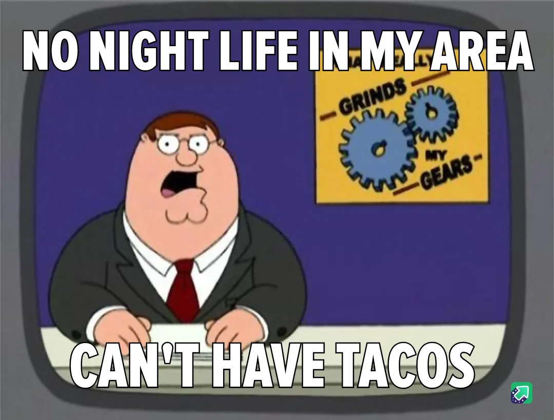 A cartoon man in a suit and red tie sits at a desk with a shocked expression, overlaid with the text 'NO NIGHT LIFE IN MY…