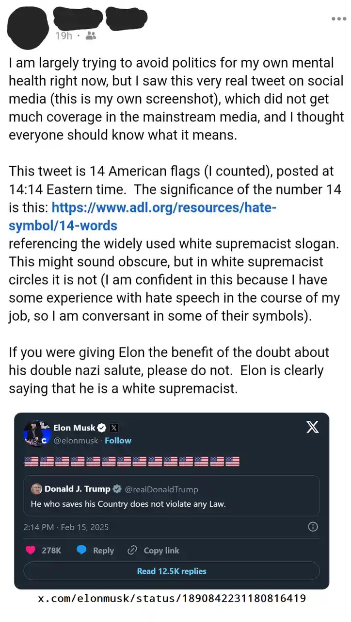 A screenshot of a social media post explaining that Elon Musk's tweet, which features 14 American flags and was posted at…