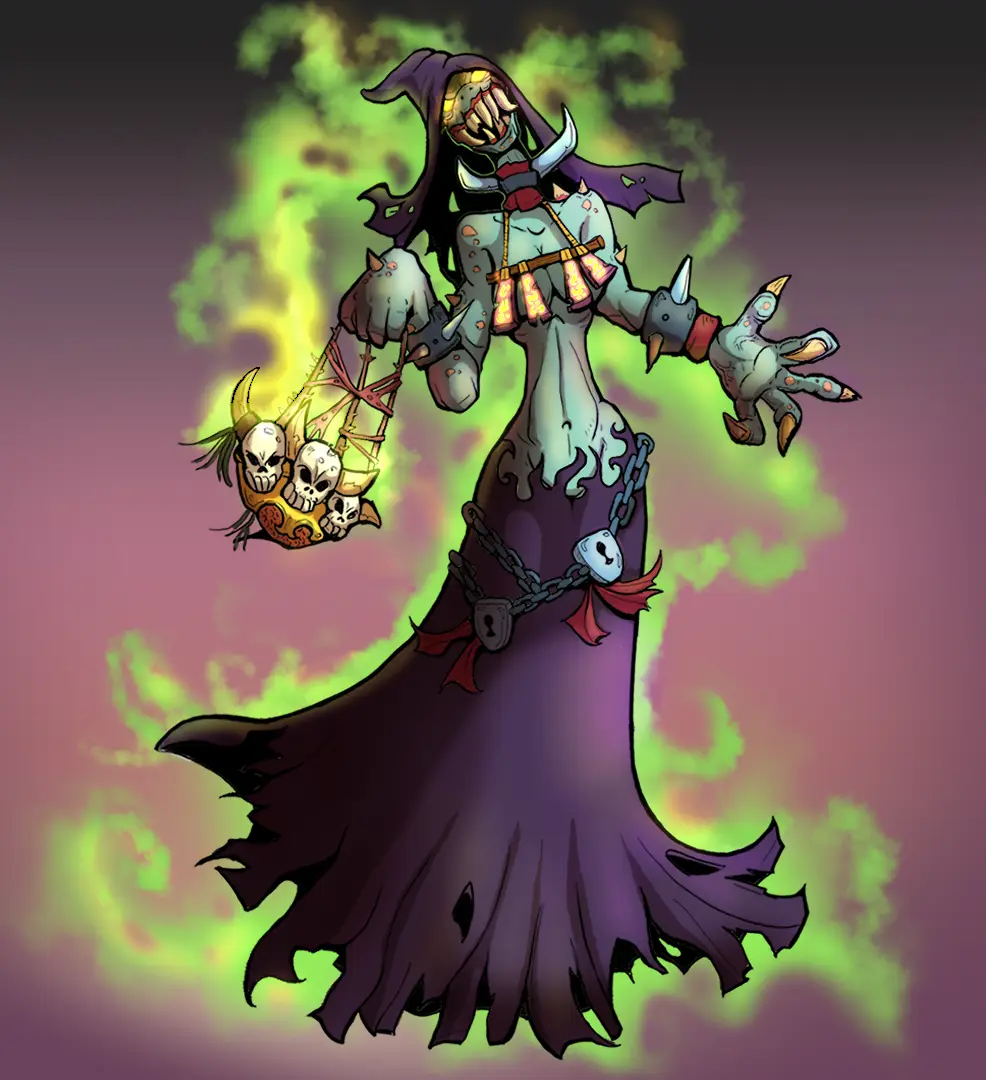 A cartoonish, menacing witch-like figure with a skeletal face, purple robe, and glowing green aura stands holding a…