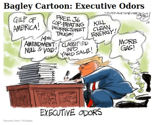 A cartoon depicts a caricature of Donald Trump sitting at a desk, surrounded by stacks of papers, with multiple thought…