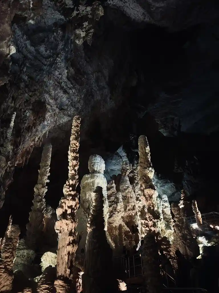 A dimly lit cavern with tall, textured stalagmites and stalactites illuminated by spotlights, with silhouettes of tourists…