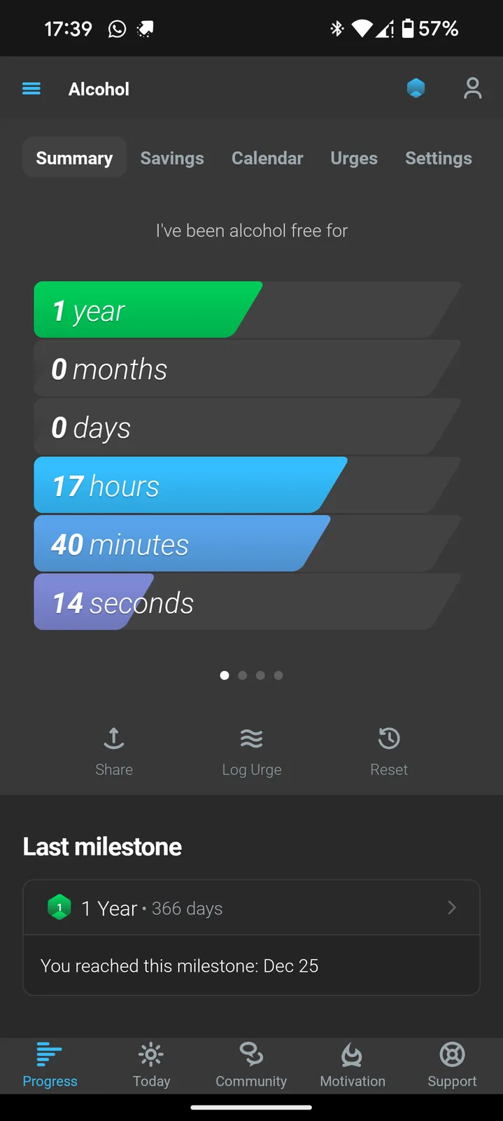 A screenshot of a mobile app showing a user's alcohol-free streak timer, which reads 1 year, 0 months, 0 days, 17 hours, 40…
