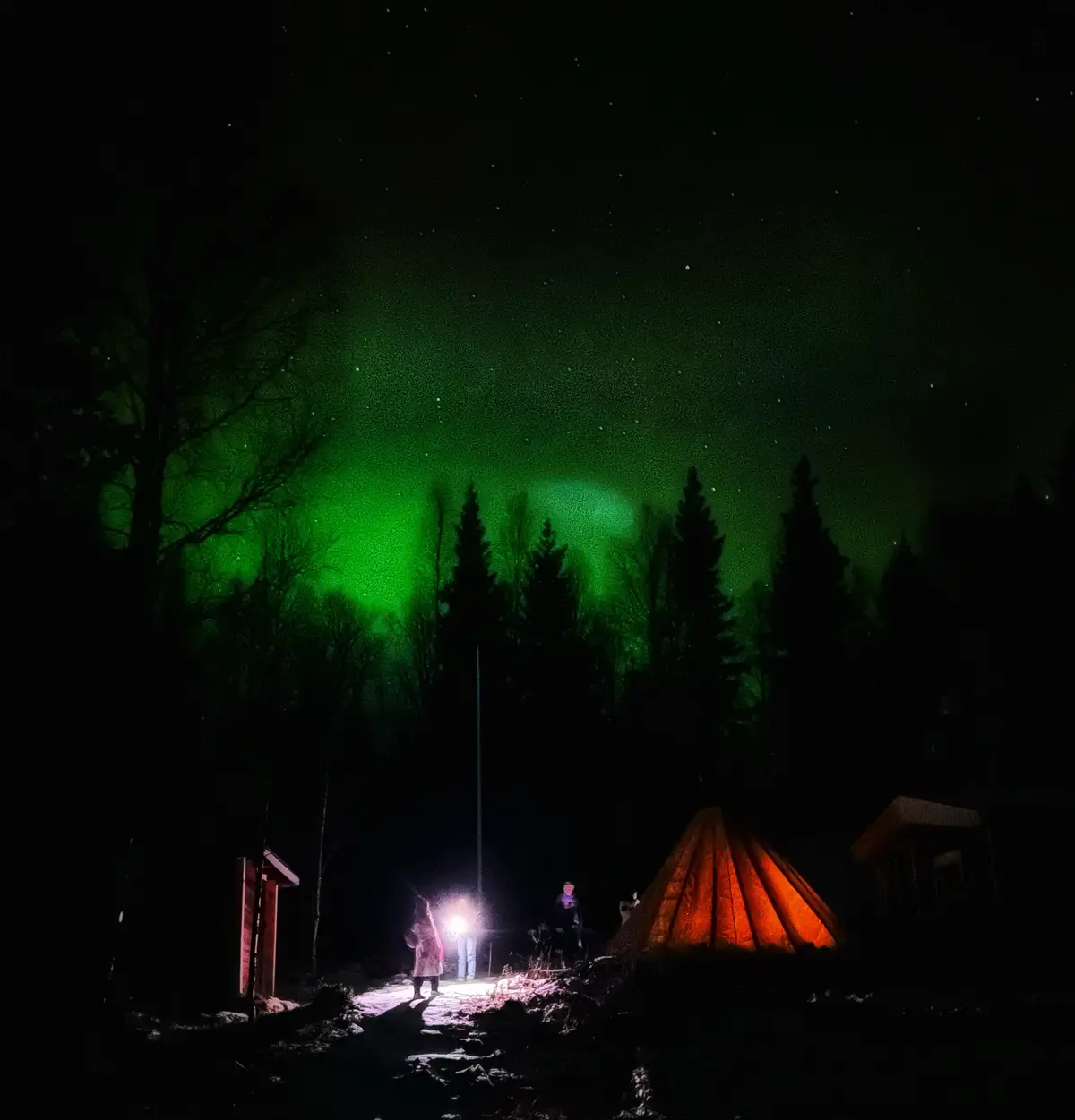 A nighttime camping scene under a vibrant green aurora borealis, with silhouetted trees, a glowing orange teepee, and two…
