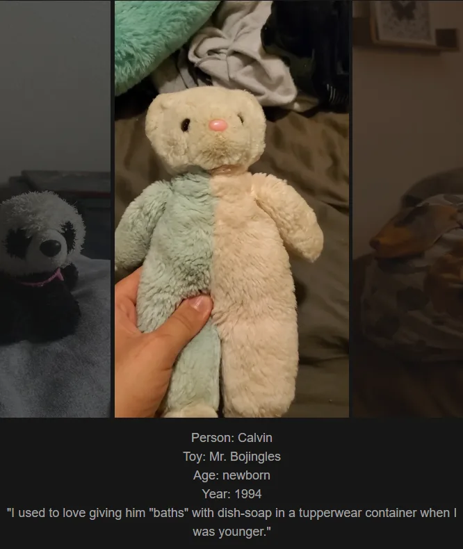 A triptych image shows a black-and-white stuffed panda on the left, a hand holding a split-stuffed bear in the center (one…