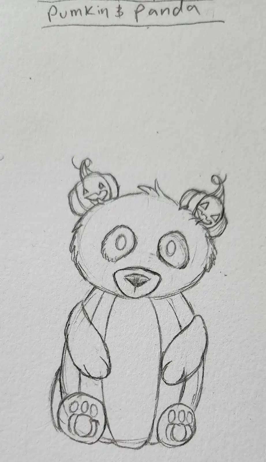 A simple pencil sketch of a cute, cartoon-style panda sitting upright, with two small jack-o'-lanterns drawn as its ears…