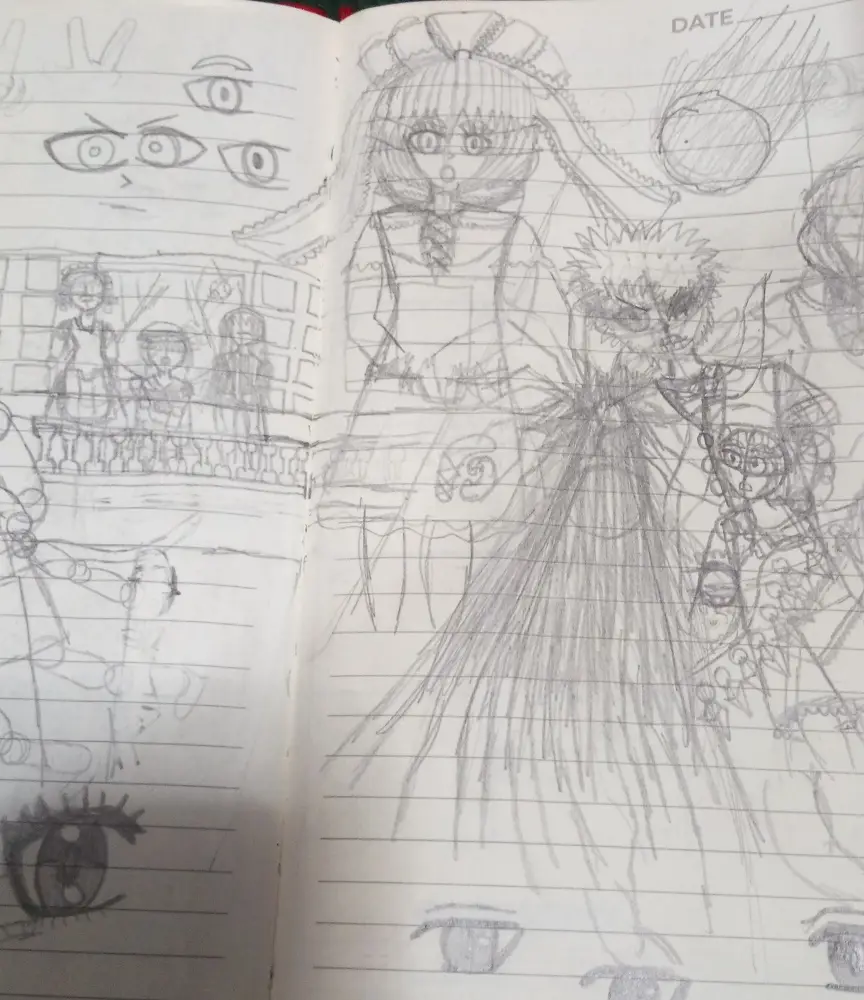 A sketchbook page filled with rough pencil drawings of anime-style characters, including a large central figure with a long…