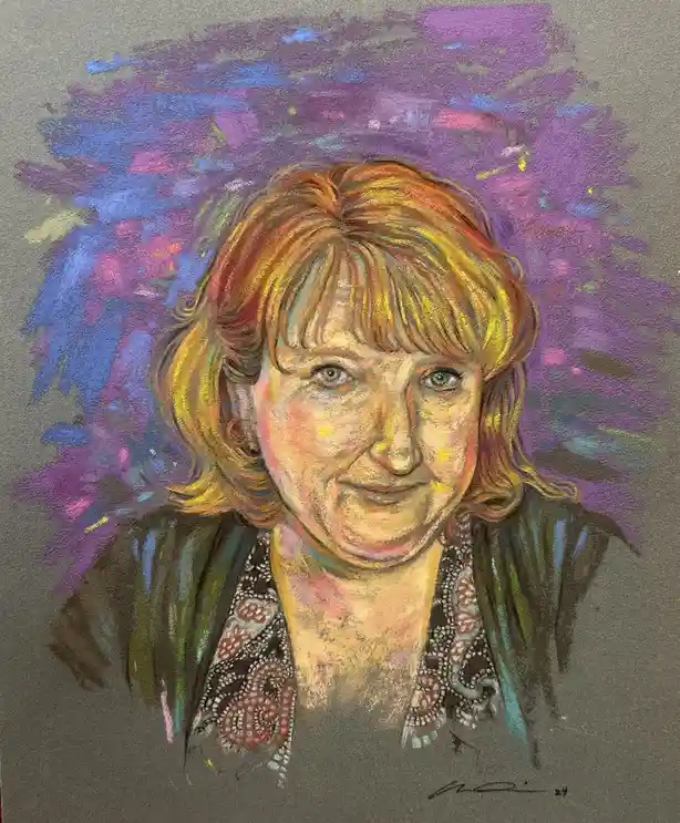 A colorful pastel portrait of a woman with shoulder-length reddish-blonde hair and a patterned top, set against a vibrant…