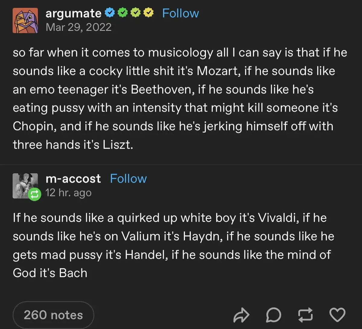 A screenshot of a Tumblr post showing two comment threads. The first user, 'argumate', humorously describes classical…