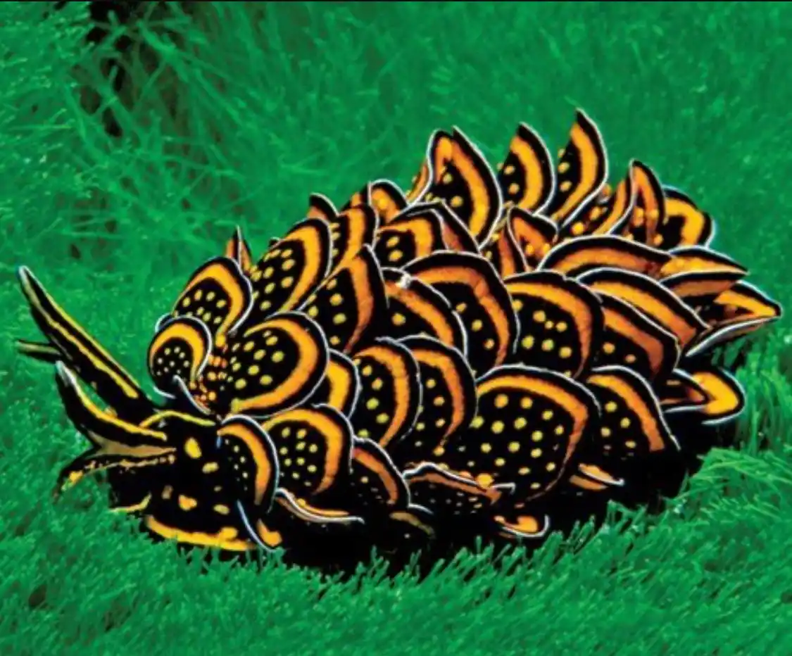 a close-up photo of a colorful sea slug with black bodies and orange-yellow patterns, resting on bright green grass-like…