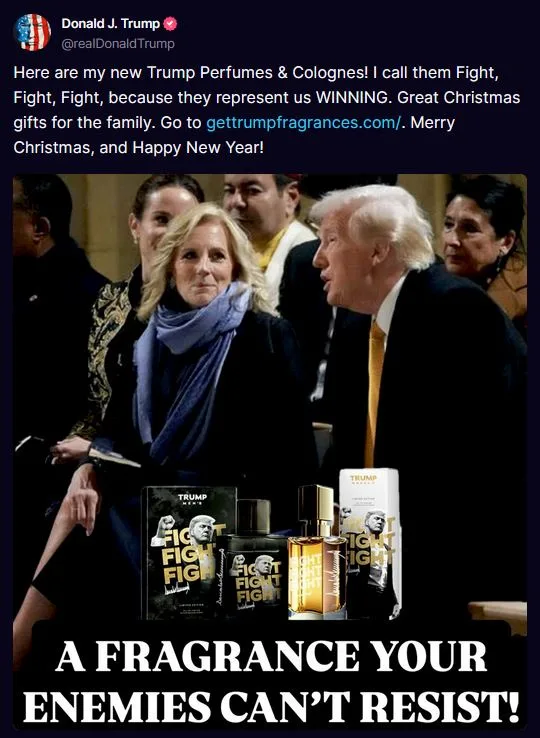 A screenshot of a tweet from Donald J. Trump promoting his 'Fight' perfume line, showing Trump and Melania Trump in a photo…
