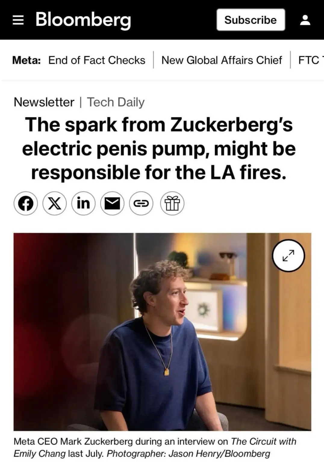 A screenshot of a Bloomberg newsletter article featuring a photo of Meta CEO Mark Zuckerberg. The article's headline…