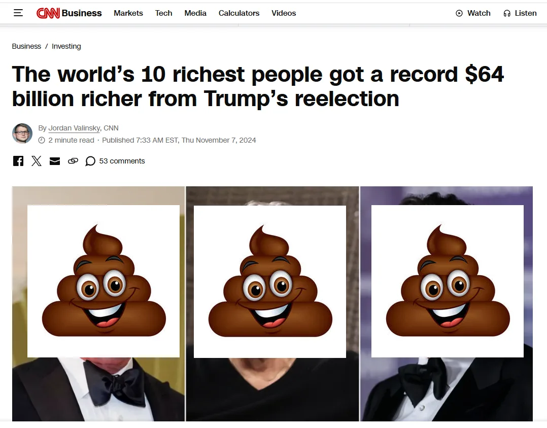 A screenshot of a CNN Business article headline about billionaires gaining wealth from Trump's reelection, overlaid with…