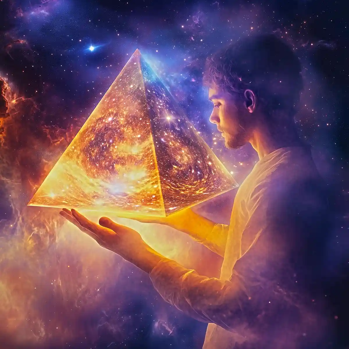 A man in profile holds a glowing, transparent pyramid filled with swirling stars and cosmic dust against a vibrant nebula…