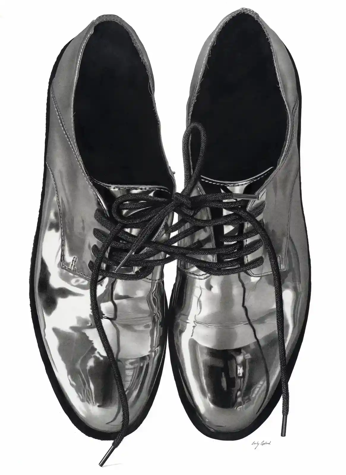 A detailed black-and-white drawing shows a pair of shiny, patent leather dress shoes with untied laces, viewed from above…