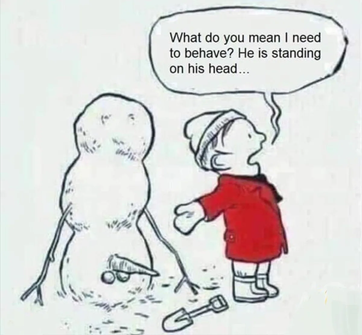 A cartoon depicts a child in a red coat and hat standing next to a snowman. The child is gesturing toward the snowman, who…