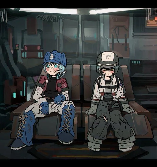 Two anime-style characters sit side-by-side in a dim, industrial-looking cockpit or control room. The character on the left…