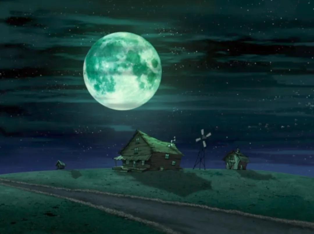 A cartoonish night scene features a large, glowing green moon dominating a starry sky above a desolate landscape with a few…