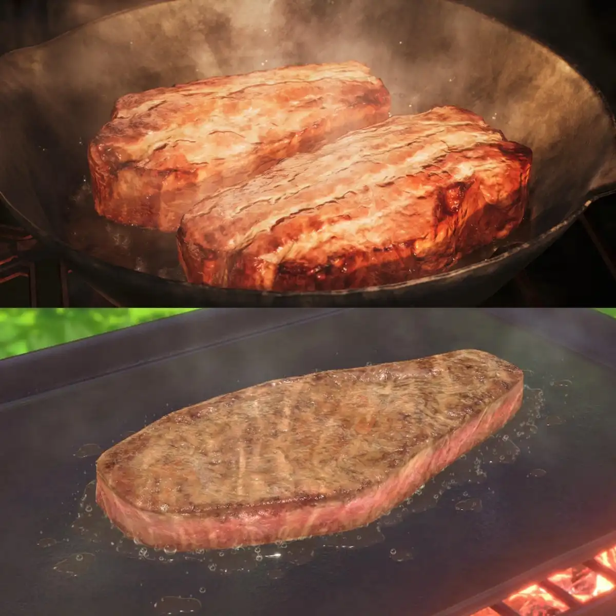 The image shows two panels: top panel features two large, thick-cut steaks sizzling in a cast iron skillet with visible…