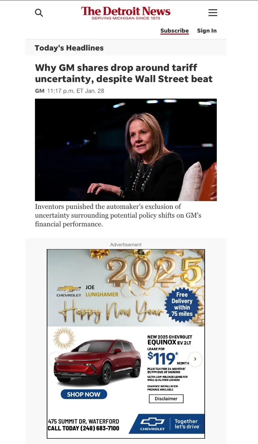 A screenshot of a Detroit News article about GM shares dropping due to tariff uncertainty, featuring a photo of a woman…