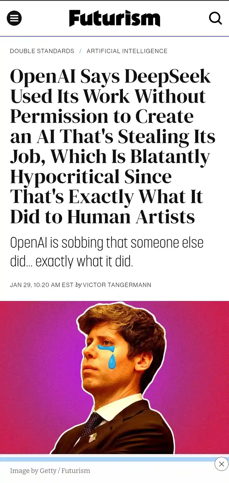 A screenshot of a Futurism article with a large headline criticizing OpenAI for hypocrisy, overlaid on an image of a man in…