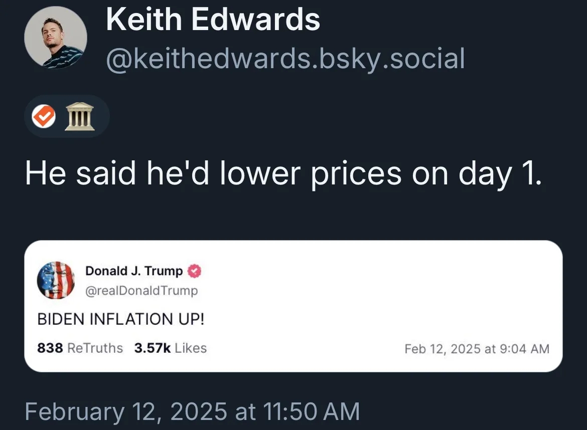 A screenshot of a post by Keith Edwards on Bluesky, which includes a repost of a tweet from Donald J. Trump. The Trump tweet…
