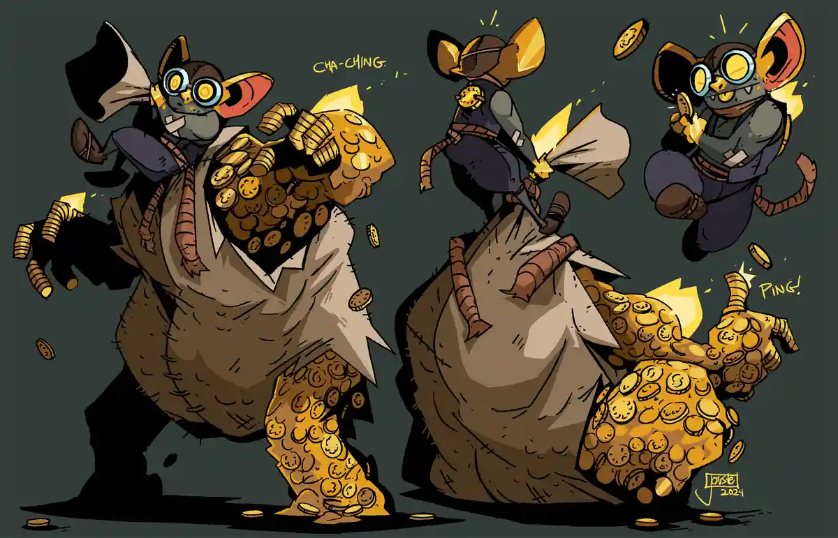 A cartoon mouse with goggles and a cape is shown in three poses, joyfully handling a giant sack overflowing with smiling…