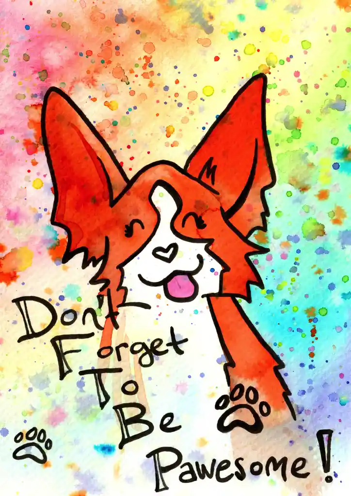 A watercolor illustration of a happy, cartoon-style red and white dog with large ears, tongue out, and a heart-shaped nose…