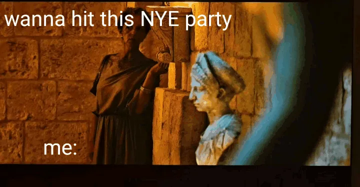 The image displays a six-panel meme using the same photo of two stone statues in a dimly lit, ancient-looking stone…