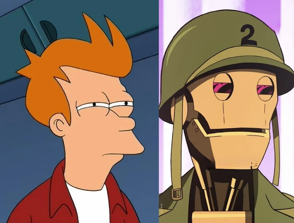 The image shows two side-by-side cartoon characters: on the left, Fry from Futurama with his signature orange spiky hair and…