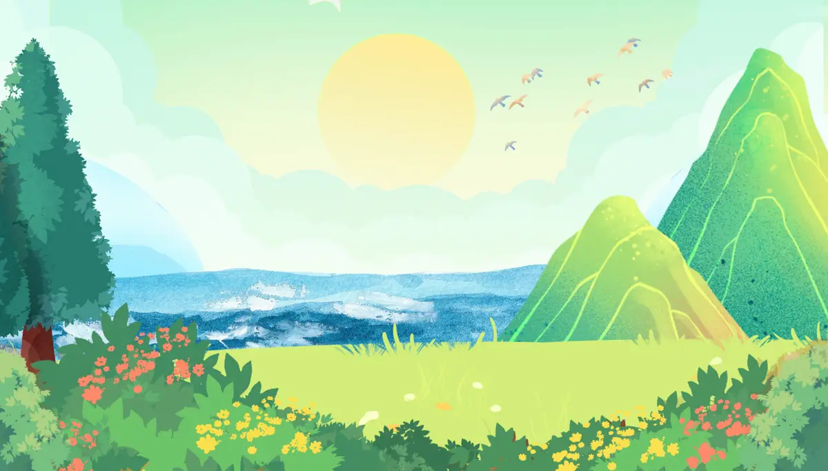 A serene, stylized illustration of a bright, sunny landscape with green hills, a blue river, a tall pine tree, and colorful…