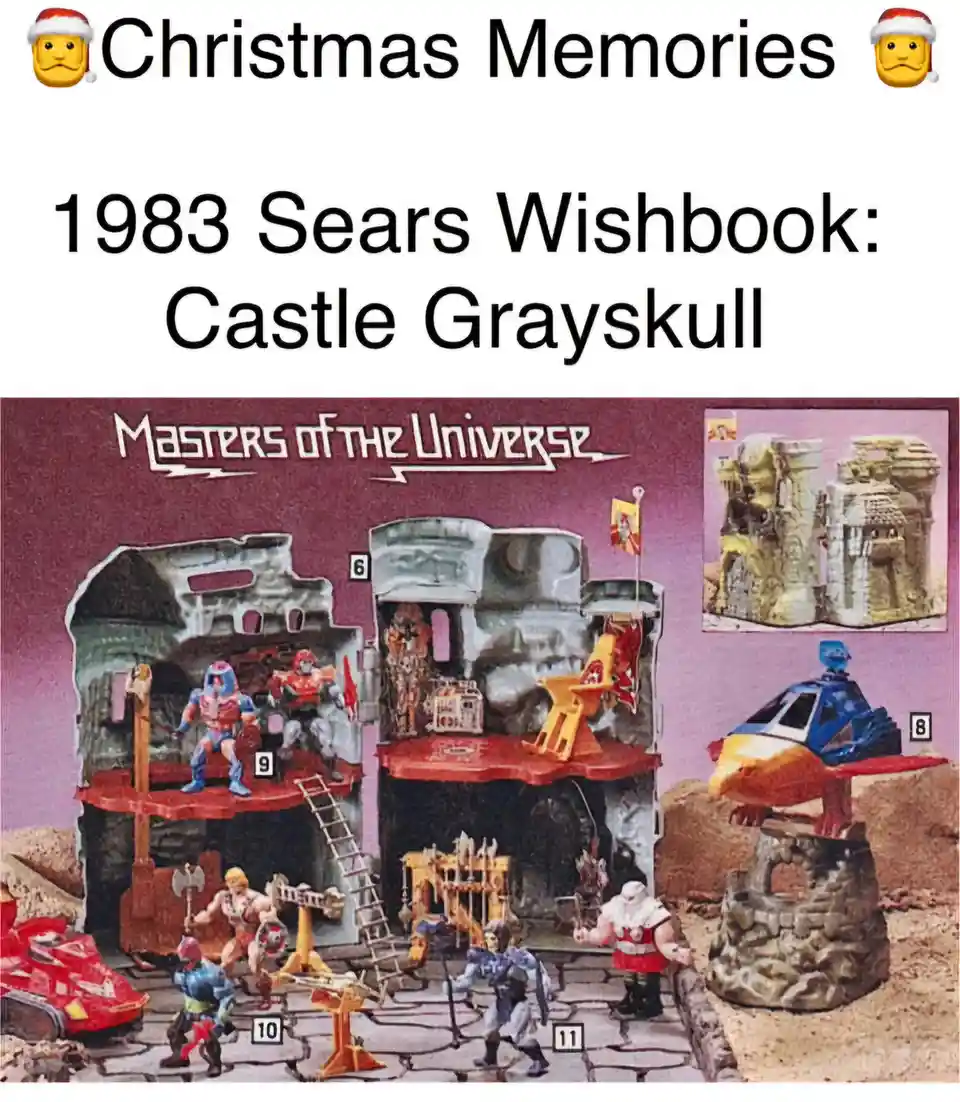 The image displays a vintage 1983 Sears Wishbook advertisement for the 'Masters of the Universe' toy line, specifically the…