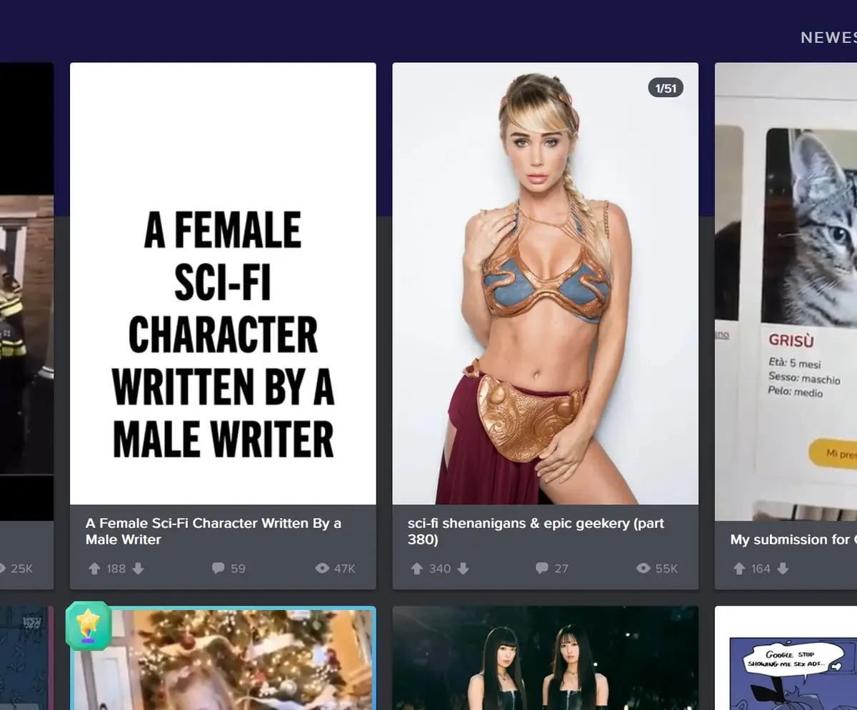 A white background with bold black text reading 'A FEMALE SCI-FI CHARACTER WRITTEN BY A MALE WRITER'. The image is a meme…