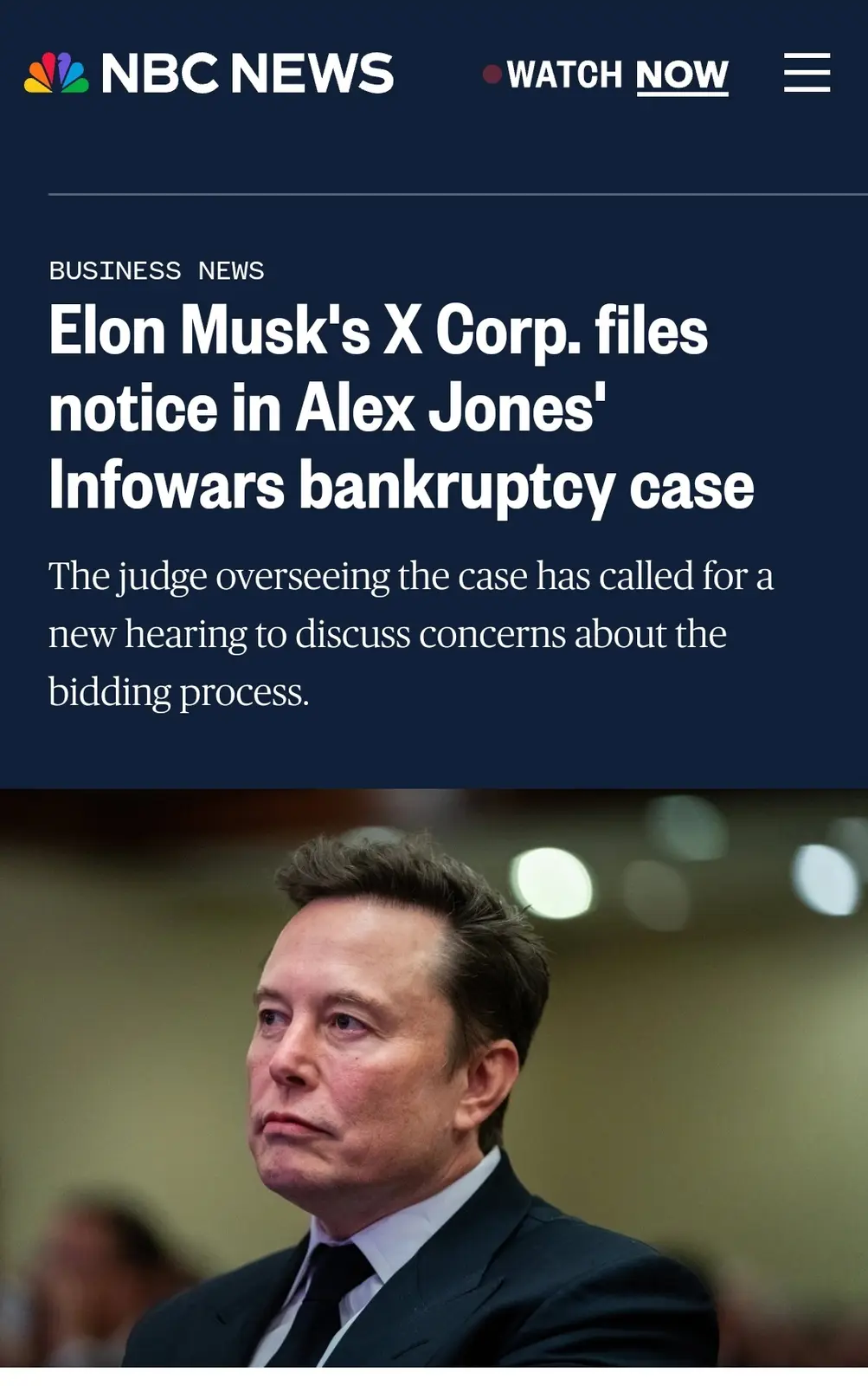 The image shows a screenshot of an NBC News article with a headline about Elon Musk's X Corp. filing a notice in Alex Jones'…