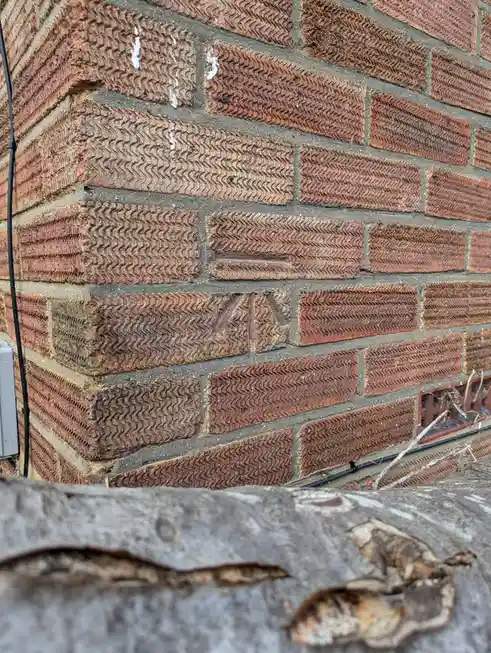A close-up photo of a red brick wall with a distinctive wavy texture on each brick, showing some wear and white residue in…