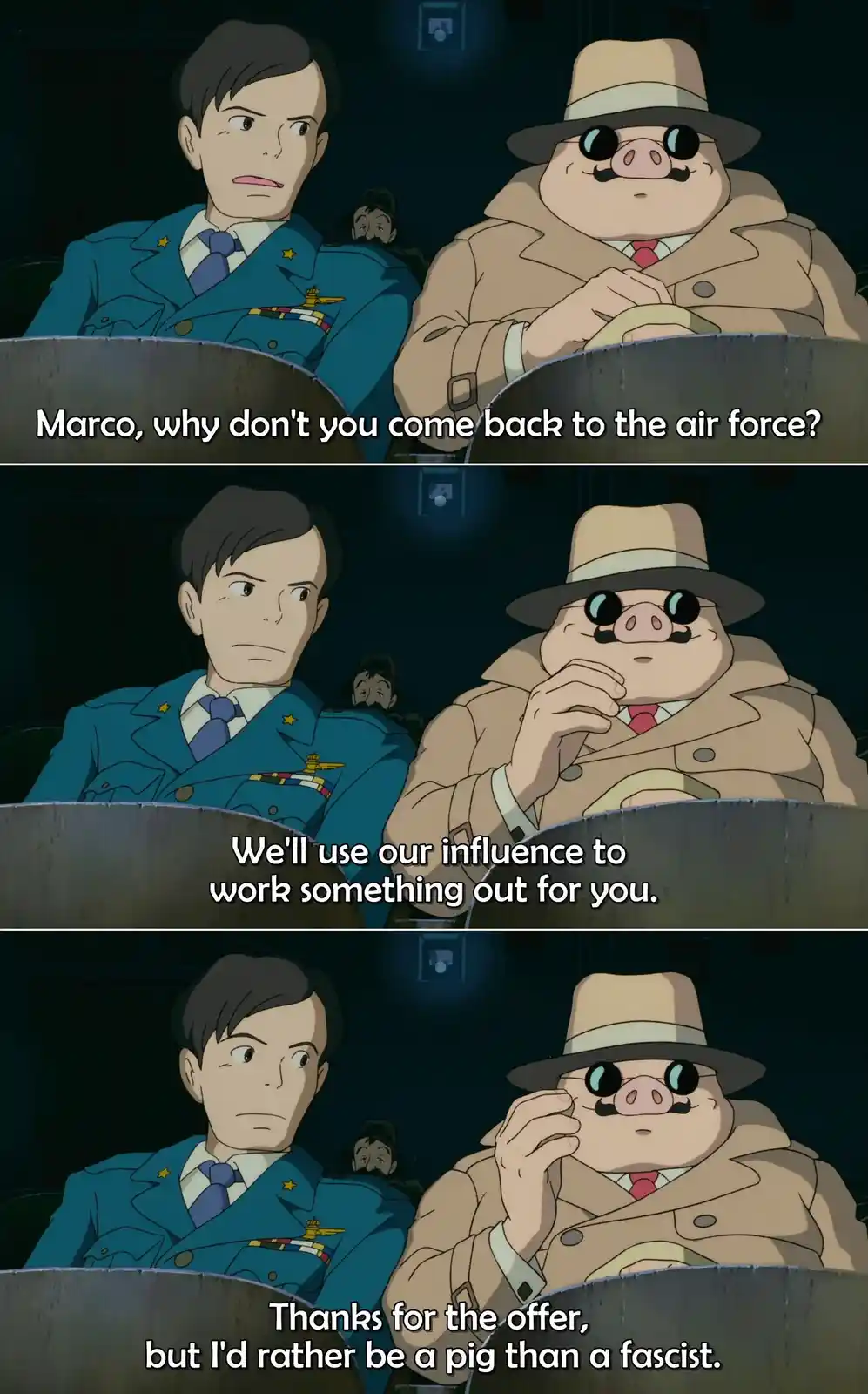 Three panels from the anime film 'Porco Rosso' show a man in a blue military uniform and a pig-faced man in a trench coat…