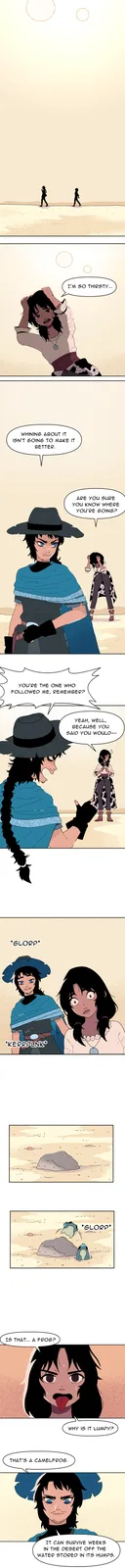 A comic strip shows two characters walking through a desert. One character, visibly dehydrated, complains about thirst. The…
