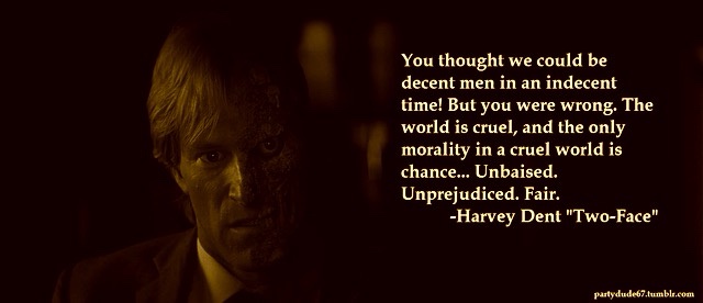 A dark, dramatic image of Harvey Dent from Batman, half his face covered in scars, looking intensely at the viewer. Overlaid…
