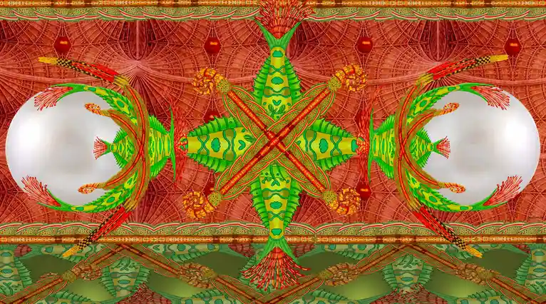 A symmetrical, psychedelic digital artwork features two mirrored, ornate green and red fish-like creatures with elaborate…