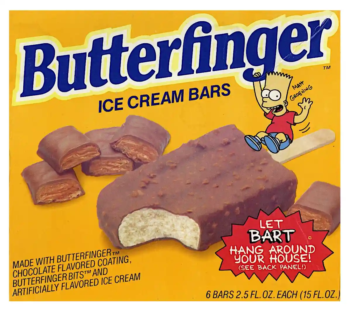 A vintage Butterfinger Ice Cream Bars box features cartoon Bart Simpson riding a popsicle stick. The packaging shows…