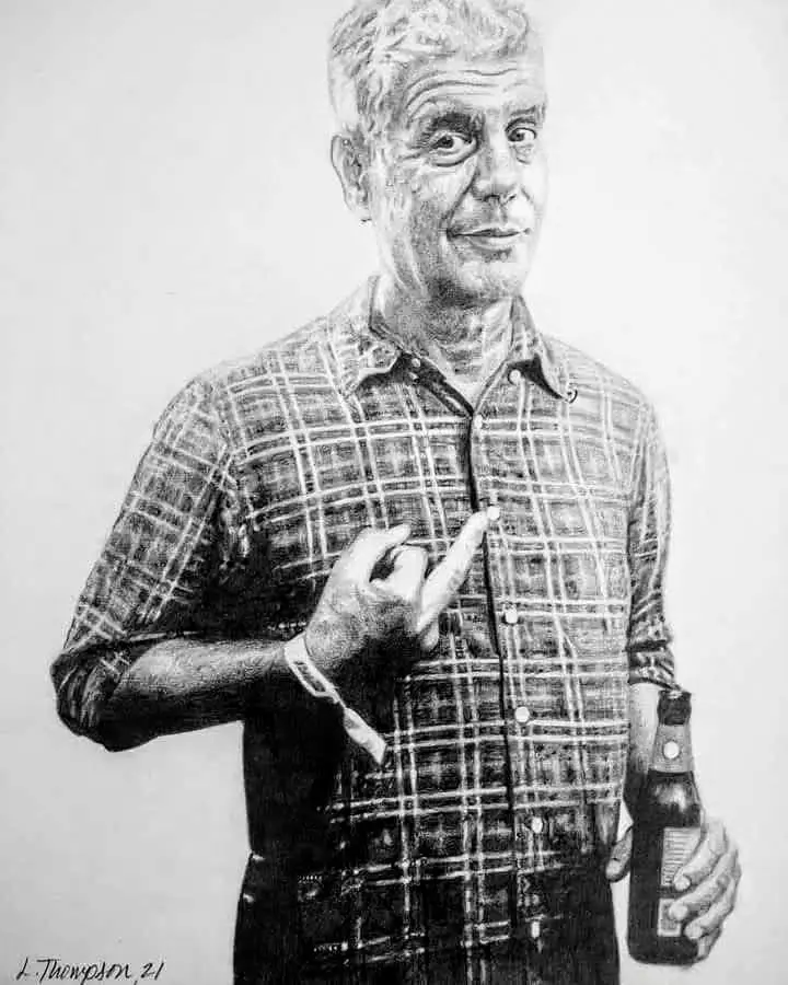 A black-and-white pencil drawing of an older man in a plaid shirt holding a beer bottle and making a hand gesture. The…