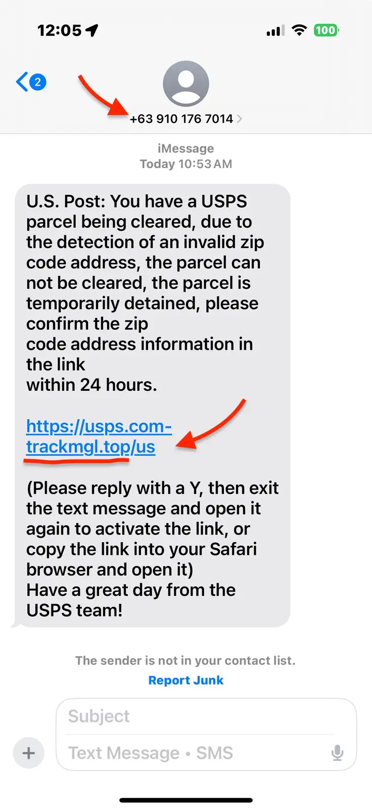 An iMessage screenshot shows a text message from an unknown sender with a fake USPS notification about a detained parcel…