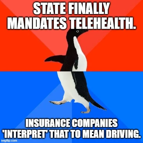 A penguin stands in the center of the image, split by a red and blue background. The top text reads 'STATE FINALLY MANDATES…